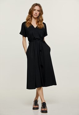 Black Jersey Belted Midi Dress