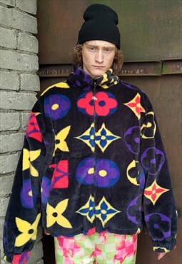 Floral fleece jacket handmade reversible geometric bomber