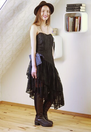 BLACK STRAPLESS CROCHET EVENING DRESS