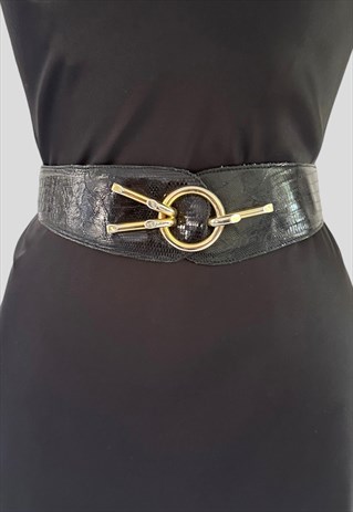 80's Vintage Francine B Black Leather Belt Gold Buckle 