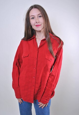 WOMAN VINTAGE RED CASUAL LONG SLEEVE BLOUSE, SIZE L