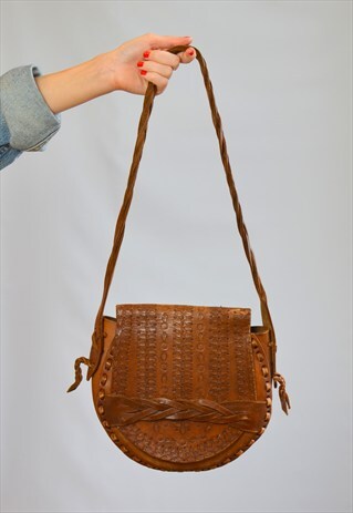 VINTAGE 1970S HIPPY BOHO TOOLED LEATHER BAG