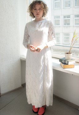 Vintage 60's White Maxi Lace Long Sleeved Wedding Dress