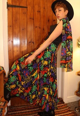 Vintage 80s Colourful Pattern Midi Skirt with Matching Scarf