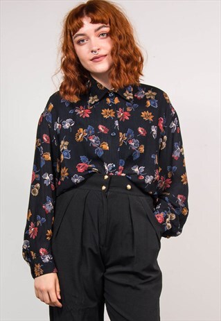 VINTAGE 90'S BLACK FLOWER FLORAL PATTERN SHIRT
