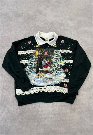 Vintage Christmas Sweatshirt Snowy All Over Patterned Jumper