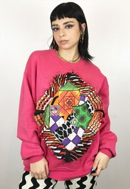 Upcycled Sweatshirt In Pink And Crazy Diamond Patchwork