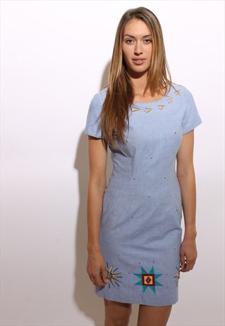 VINTAGE 1980'S 80'S EMBELLISHED SOUTHWESTERN CHAMBRAY M-L