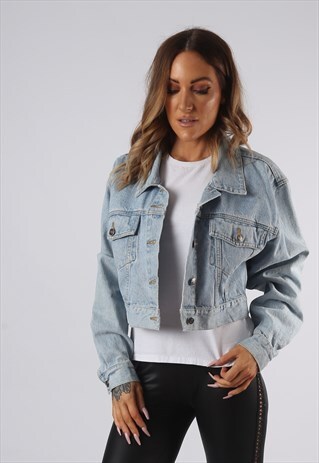 VINTAGE DENIM JACKET OVERSIZED CROPPED UK 12 MEDIUM (CQ4Y)