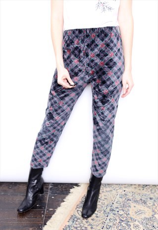 VINTAGE 90S CHECK VELVET VELOUR HIGH WAISTED TROUSERS