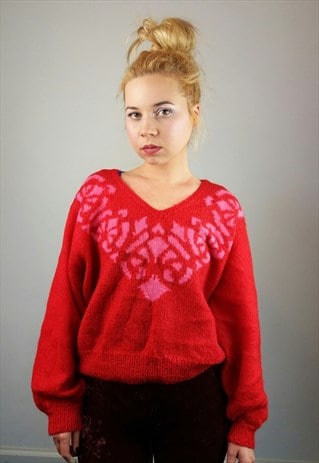 VINTAGE VALENTINE'S DAY WOOL BLEND KNIT V-NECK JUMPER