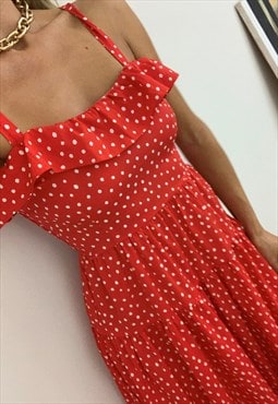Retro Smocked Midi Dress in Red Polka Dot.