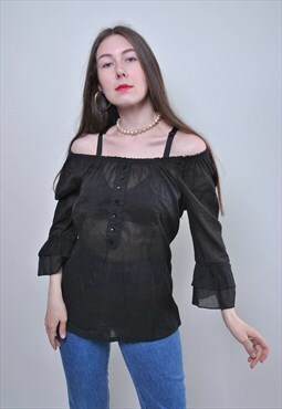 Off shoulder blouse, vintage sheer blouse, black summer 