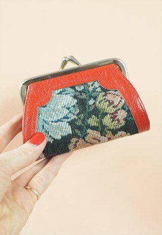 VINTAGE RED LEATHER AND TAPESTRY PURSE