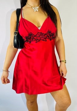 Vintage Size L Satin Lace Mini Slip Dress in Red