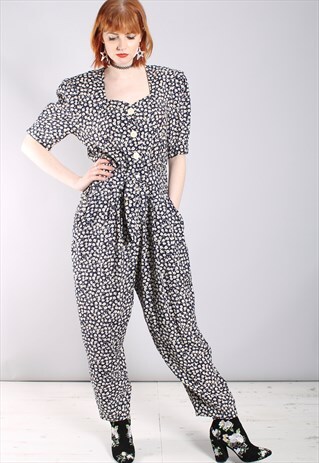 VINTAGE 80S FLORAL PUFF SLEEVE PLEAT FRONT JUMPSUIT