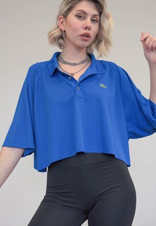 VINTAGE REWORKED LACOSTE CROP TOP POLO SHIRT IN BLUE