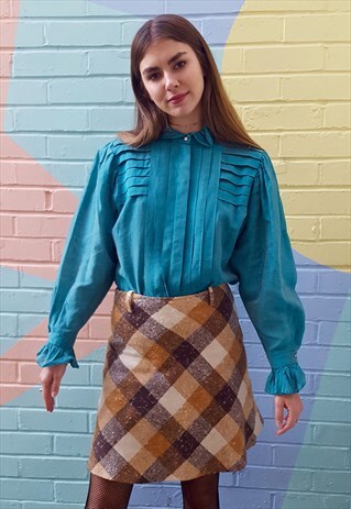 TAN, BROWN & CREAM CHECK WOOL A-LINE SHORT SKIRT