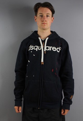 DSQUARED HOODIE IN NAVY WITH PRINTED LOGO AND POCKETS. SIZE