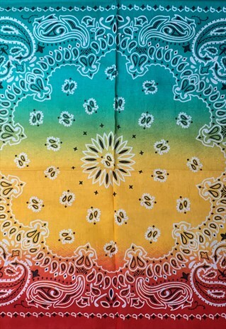 OMBRE RED, YELLOW BLUE Y2K COTTAGE CORE PAISLEY BANDANA