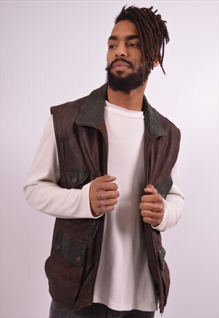 CAMEL MENS VINTAGE LEATHER GILET MEDIUM BROWN 90S