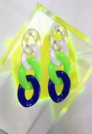 CUTE PLASTIC CHAIN LINK STUD EARRINGS IN CLEAR, GREEN & BLUE