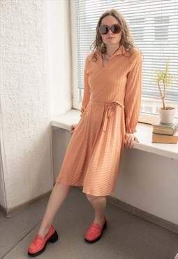 Vintage 80's Orange Textured Pleated Bottom Mid Dress