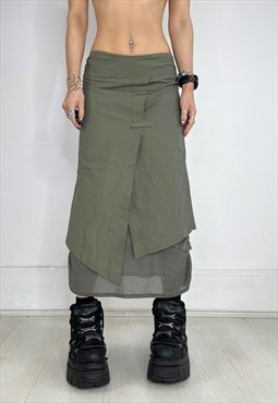 Vintage Y2k Skirt Midi Layered Fishnet Archival Khaki Grunge