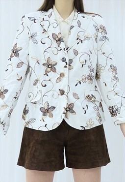90s Vintage White Floral Embroidered Blazer Jacket (Size M)