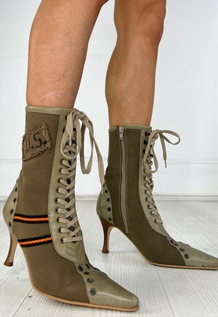VINTAGE Y2K BOOTS HIGH HEELS STILETTO ANKLE ARMY KHAKI 2000S