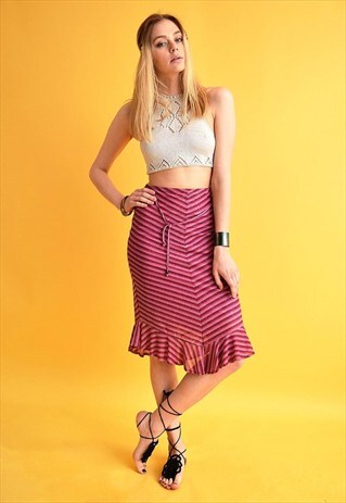 90'S RETRO MOD JAZZY STRIPED PATTERN SHIMMER MIDI SKIRT