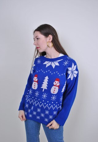 90S BLUE CHRISTMAS SWEATER, VINTAGE WINTER SNOWFLAKE JUMPER