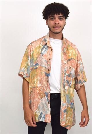 VINTAGE 90S PEACH ORANGE BLUE PRINT SHIRT
