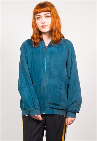 VINTAGE 90'S TEAL BLUE SILK OVERSIZED BOMBER JACKET