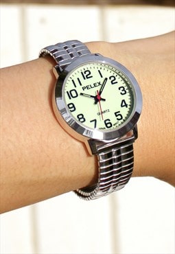 Ladies Luminious Silver Watch on Expander Strap