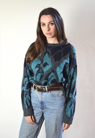 80S VINTAGE TEAL BLUE & BLACK PATTERN KNIT JUMPER