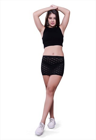 SEE THROUGH BLACK LYCRA LACE HUG FITTED SHORT MINI SKIRT