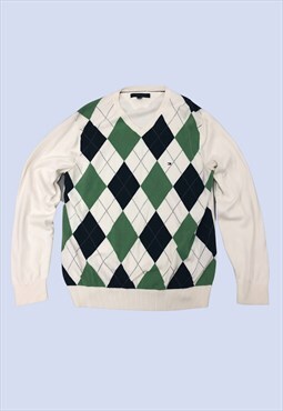 Cream Green Argyle Diamond Pattern Cotton Thin Knit Jumper
