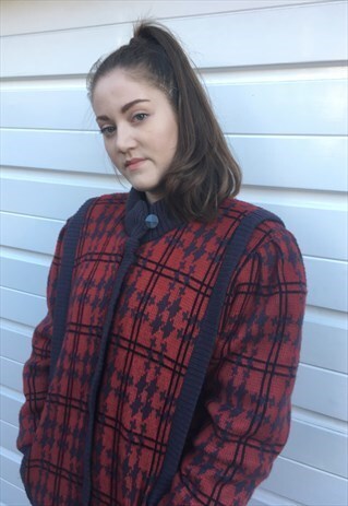 WOMENS VINTAGE 80S JACKET RED CHECKED MIDI LENGTH CARDIGAM