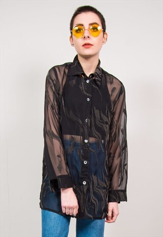 VINTAGE 90'S BLACK GLITTER WAVEY PATTERN SHEER SHIRT