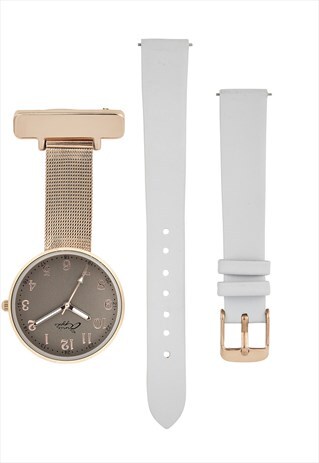 ANNIE APPLE INTERCHANGEABLE GREY LEATHER ROSE GOLD FOB WATCH