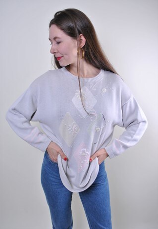 80S RETRO FLORAL SWEATER, VINTAGE WHITE FLOWERS EMBROIDERY