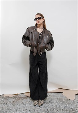 Vintage 80s Brown Batwing Metal Crop Leather Jacket Women M