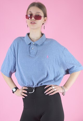 VINTAGE REWORKED RALPH LAUREN CROP TOP POLO SHIRT IN BLUE