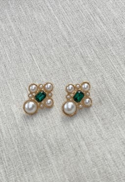 Gold Faux Pearl Green Studded Delicate Earrings