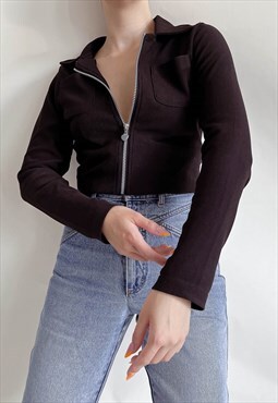 Vintage Y2k Minimal Black Heart Zip Women Jacket Top XS