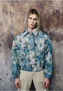 Floral print denim jacket shoulder padded crop jean bomber