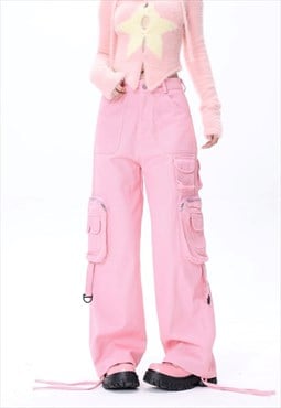 Parachute joggers cargo pocket pants rave trousers in pink