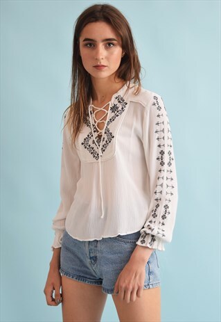 90'S RETRO BOHO FESTIVAL EMBROIDERY NEUTRAL BLOUSE TOP