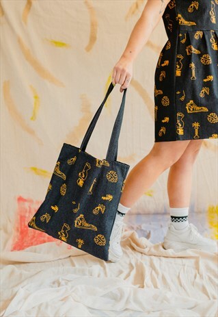 DENIM PEDESTAL REPEAT PRINT TOTE BAG